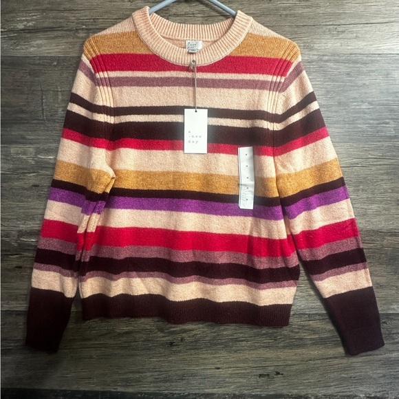 a new day Pink and Red  Striped Crew Neck Sweater - Picture 1 of 8